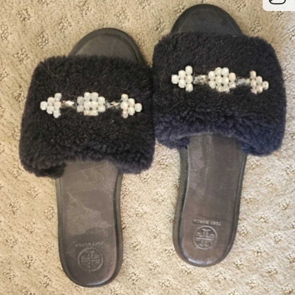 Tory Burch Shearling Slide Slippers • Black • Rhinestone Detail